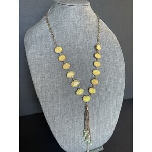Vintage Lucite Tassel Necklace Yellow Opalescent Beaded Gold Tone Statement Boho